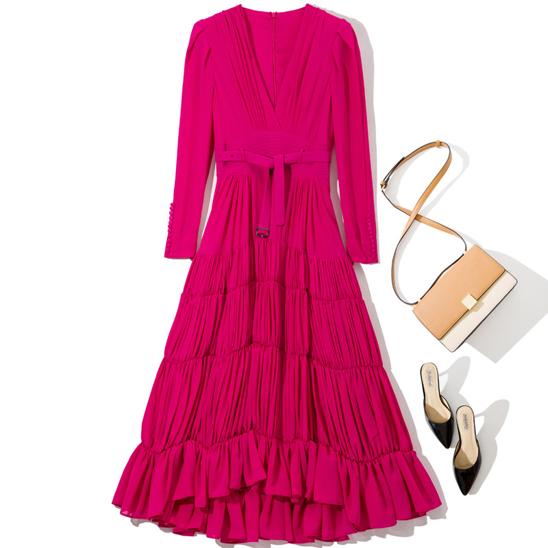 2023 Spring Black / Blue Solid Color Belted Dress Long Sleeve V-Neck Panelled Midi Casual Dresses Y3F096642