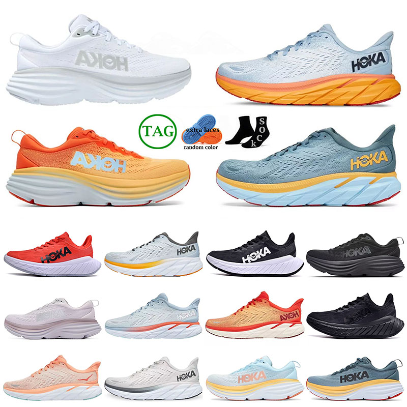 Chaussures de course ext￩rieures masculines femmes Hoka Bondi 8 Clifton Amber Tripe jaune noir blanc chaud corail nimbus nuage chanson d'￩t￩ Lila