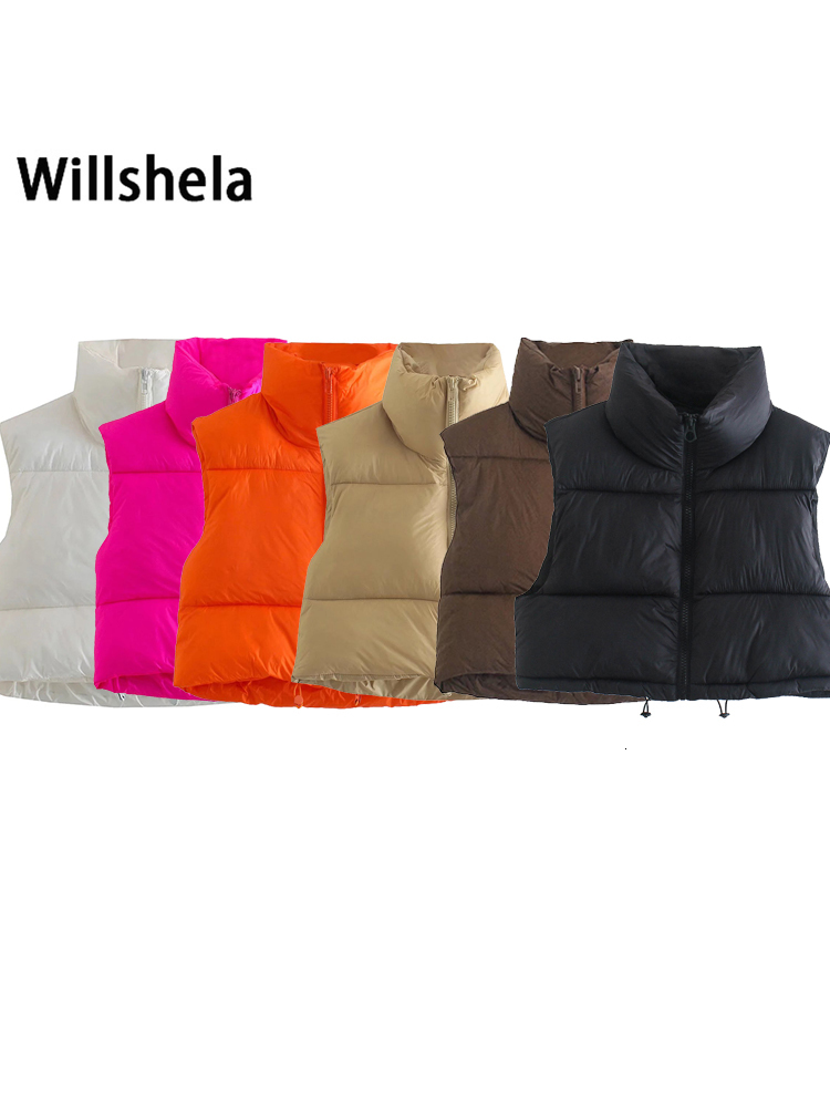 Women's Vests Willshela Women Fashion High Neck Cropped Waistcoat Puff Vest Casual Woman Sleeveless Jacket Chic Lady Winter Warm Outfits 230209