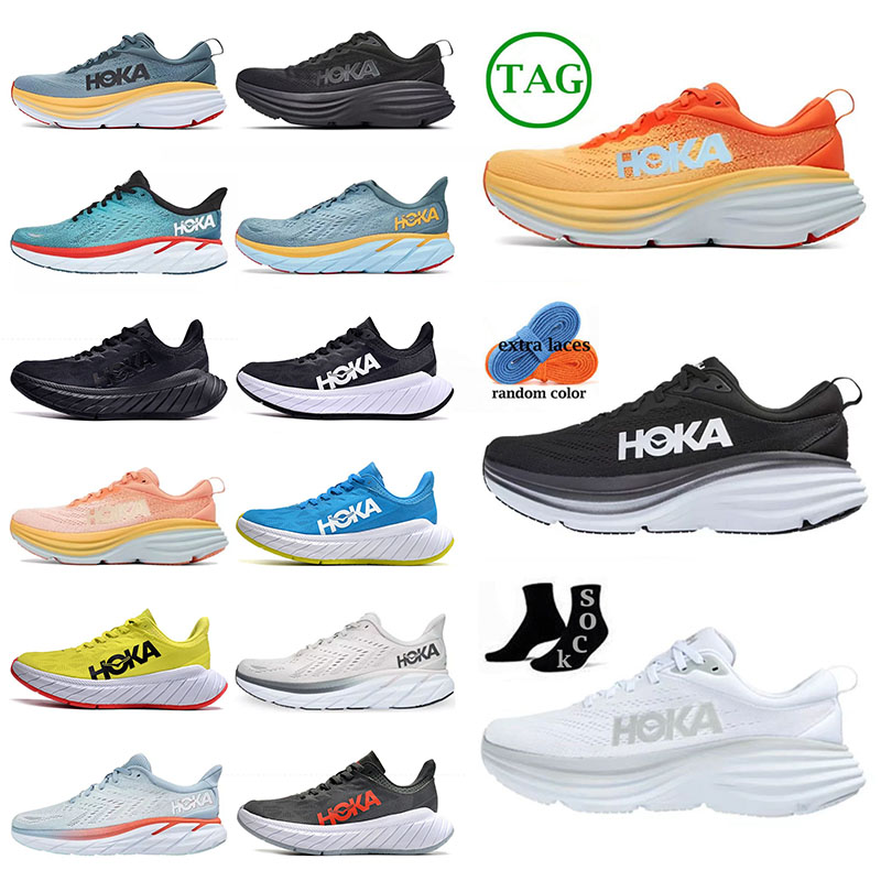 tripe black white HOKA ONE Running Shoe Bondi 8 shark skin harbor mist goblin amber yellow blue fog diva blue citrus hot coral Designer Women Mens s