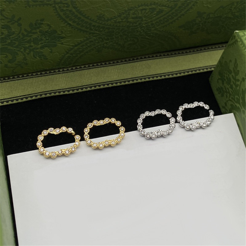 

Classic Double Letter Studs Gold Diamond Earrings Silver Rhinestone Ear Stud Women Date Party Earring With Box