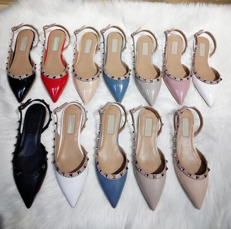 

Brand Women Sandals 2023 Designer Flat Bottom Pointed Shoes Rivets Nude Black Genuine Leather Party Gladiator Sandal Without Box Size 34-44, Red shiny