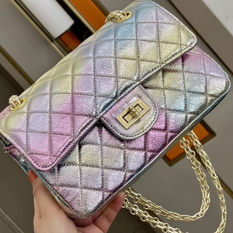 

Classic Mini Flap Dyed Rainbow Gradient Metal Lambskin Bags Genuine Leather Mermaid Princess Cosmetic Case Large Capacity Outdoor Sacoche Handbags 20CM/23CM