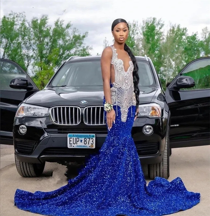 

Royal Blue Long Mermaid Prom Dresses For Black Girls 2023 Beaded Crystal Evening Gowns Sequins Party Gown Robe De GW0210, Same as picture