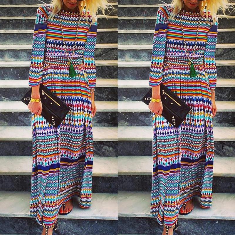 

Casual Dresses Boho Hippie Floral Printed Beach Dress Long Sleeve Loose Maxi Robe Boheme Chic Mexican Frocks Women, Navy