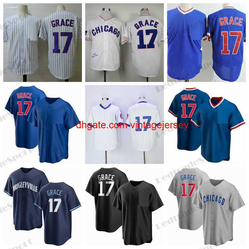 

Stitched Mens 17 Mark Grace Baseball Jerseys Vintage 1968 Blue Pullover Grey White Jersey Shirts