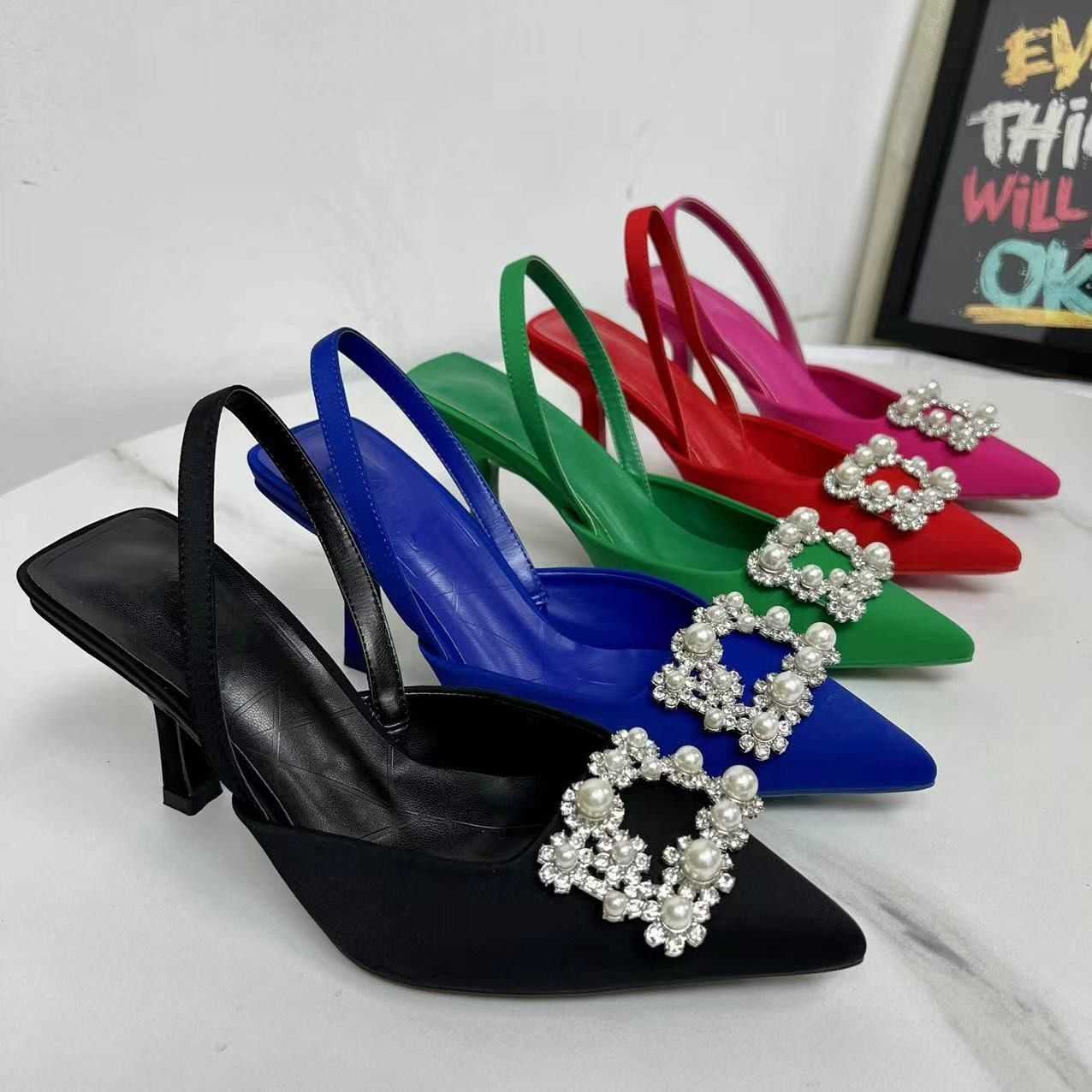 

Sandals Autumn new high-heeled 5cm high-end fairy pearl sandals, Black