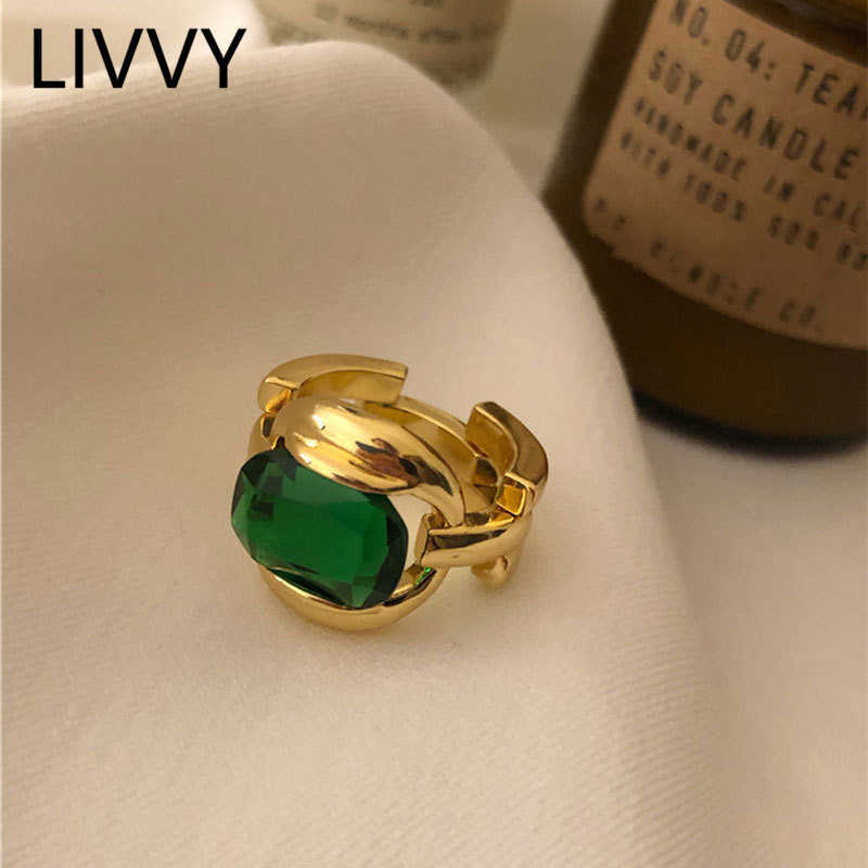 

Solitaire Ring LIVVY Silver Color New Simple Design Green Stone Gold s Retro Opening Handmade Fashion Fine Jewelry Trend Y2302