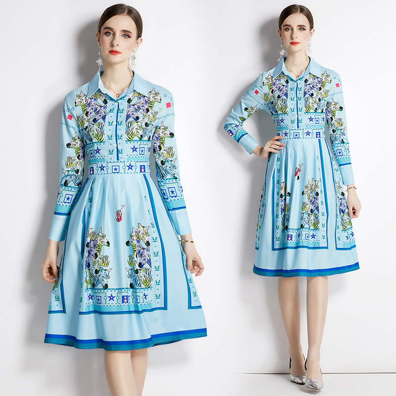 

Long Sleeve Lapel Casual Shirt Dress Women Designer Sweet Chic High Waist Print Loose Big Swing Dresses 2023 Milan Style Ladies Fine Elegant Slim A-Line Frocks