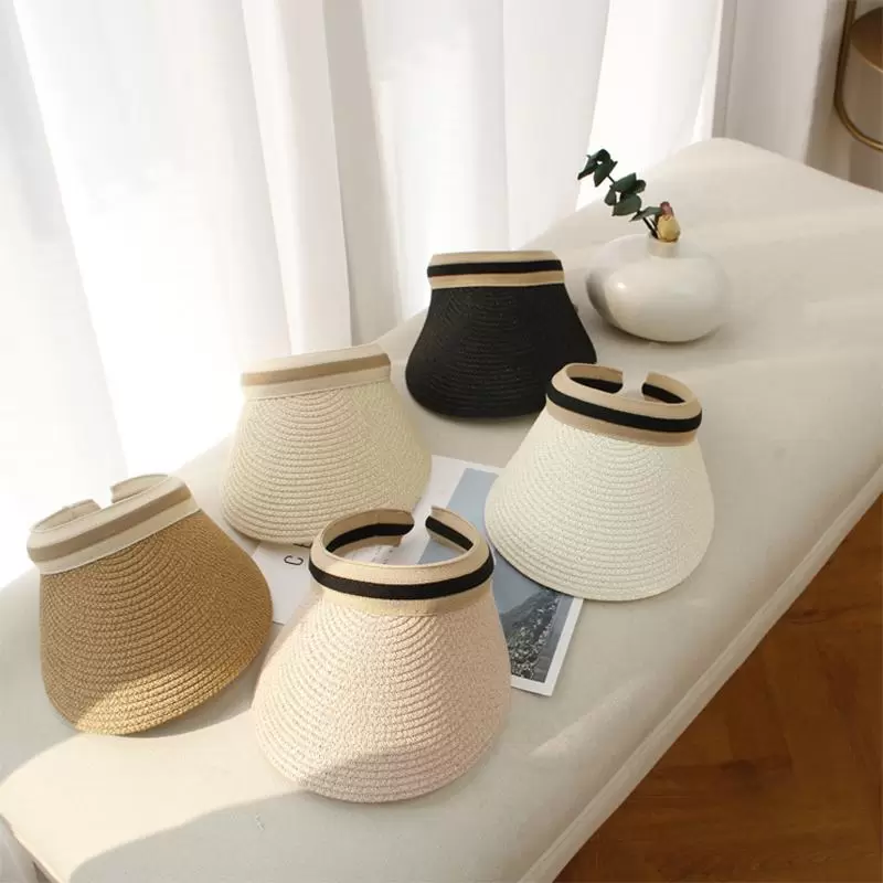 

Wide Brim Hats Summer Women Straw Hat Fashion Korean Metal Bow Grass Woven Empty Top Beach Sun Visor Bowknot Women's Outdoor Trip, Tibetan blue