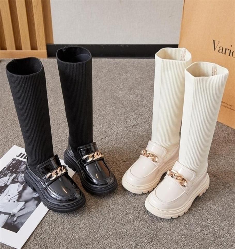 

Sneakers Winter Korean Overtheknee Boot for Girls with Metal Chain Sock Boots Kids Fashion Solid Glossy Chic Casual Shoe 2210241123898, Beige