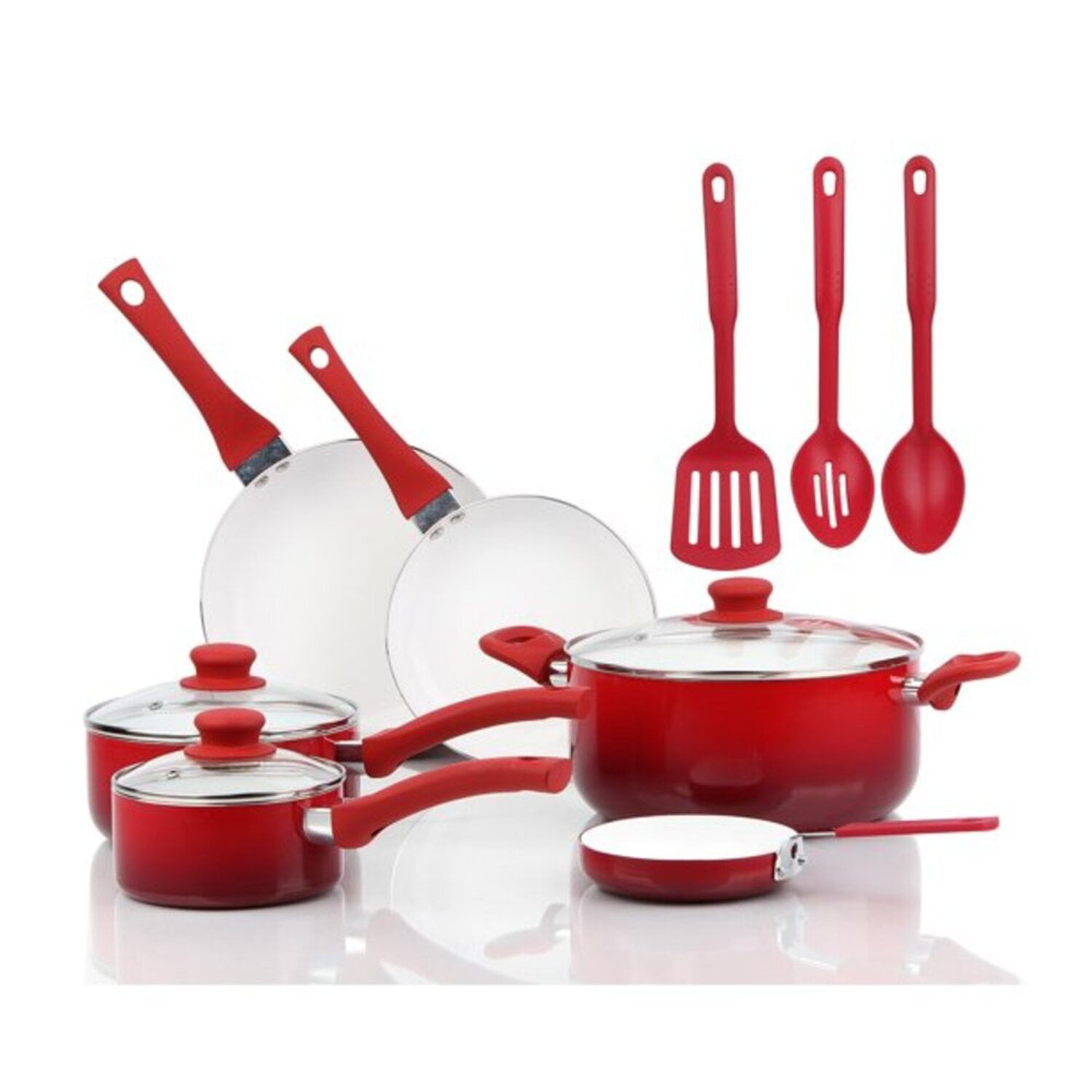 

Mainstays Ceramic Nonstick 12 Piece Cookware Set Red Ombre Hand Wash Only