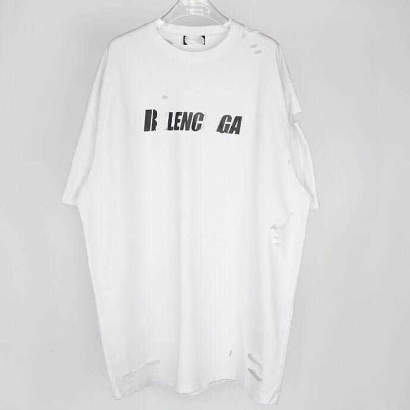 

Men's Hoodies Sweatshirts summer B house broken hole burst letter net red same men's and women's Short Sleeve T-Shirt B84U, White