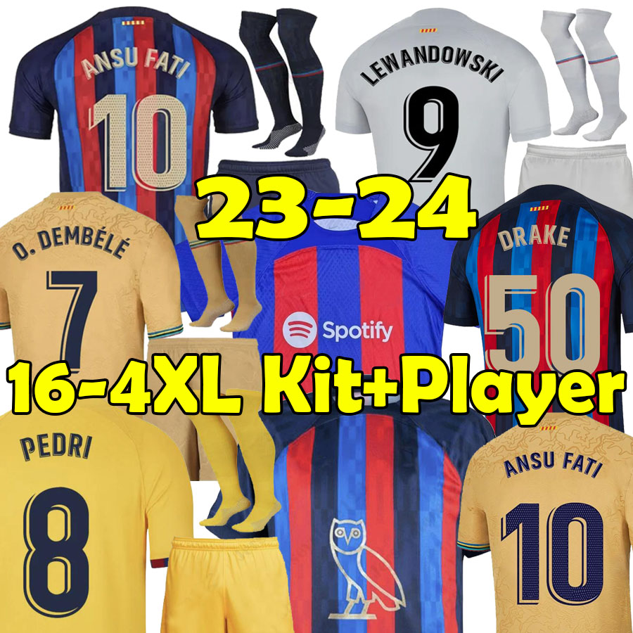 

23 24 LEWANDOWSKI 4th soccer jerseys 4XL Barcelonas Supercup PEDRI ANSU FATI O. DEMBELE R. ARAUJO GAVI 6 RAPHINHA football shirt men player kit kids socks Full sets, 23-24 home