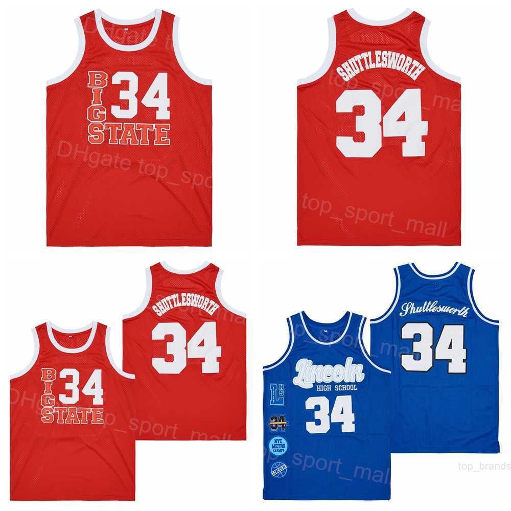 Hommes 34 Jesus Shuttlesworth Lincoln High School Jersey Basketball Big State Rouge Bleu Couleur HipHop Respirant Sport Hip Hop Pur Coton Broderi