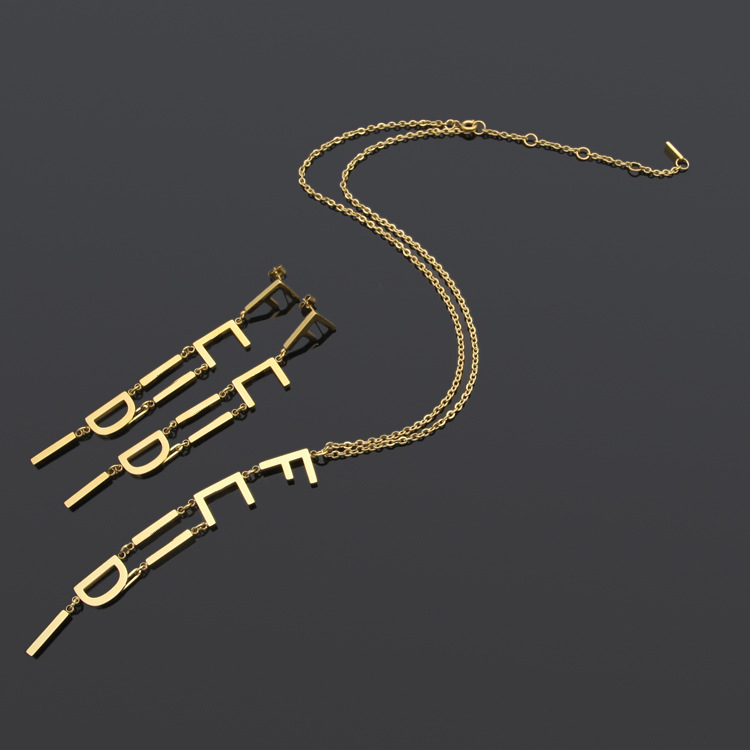 

51cm length pendant 10cm long chain F necklace Earrings letter logo engrave choker Stainless Steel Gold silver rose girls Women wedding jewelry set, Earrings necklace