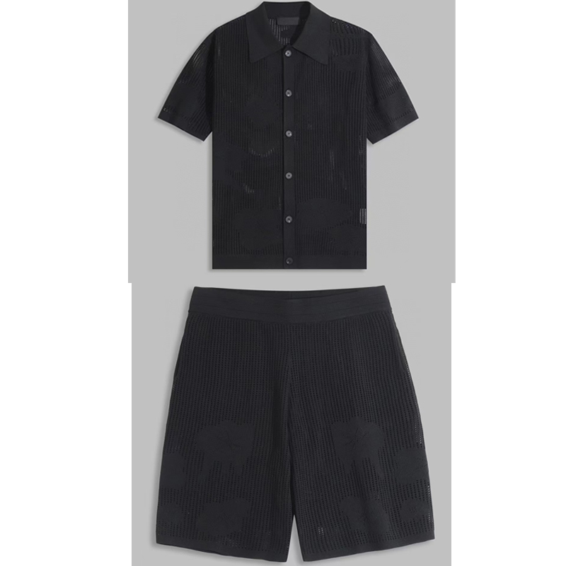 

weat track suit casual suit pure handknitted hollowed out shortsleeved shirt and leather suit shorts suit holiday suit male qje2, Black1