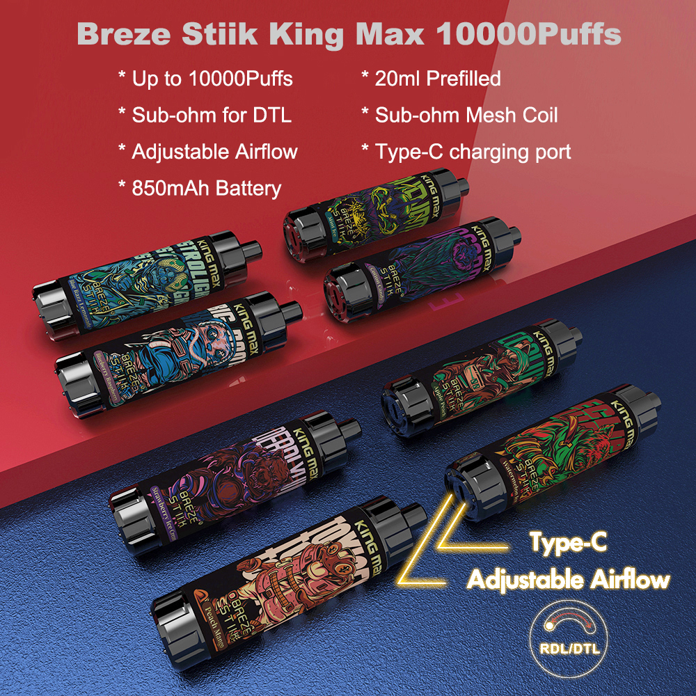 

new disposable e cigarette Breze Stiik King Max 10000 puffs vapes sub-ohm DTL mesh coil 20ml pod 12 flavors vape device airflow adjustable ecig rechargeable vapor pen