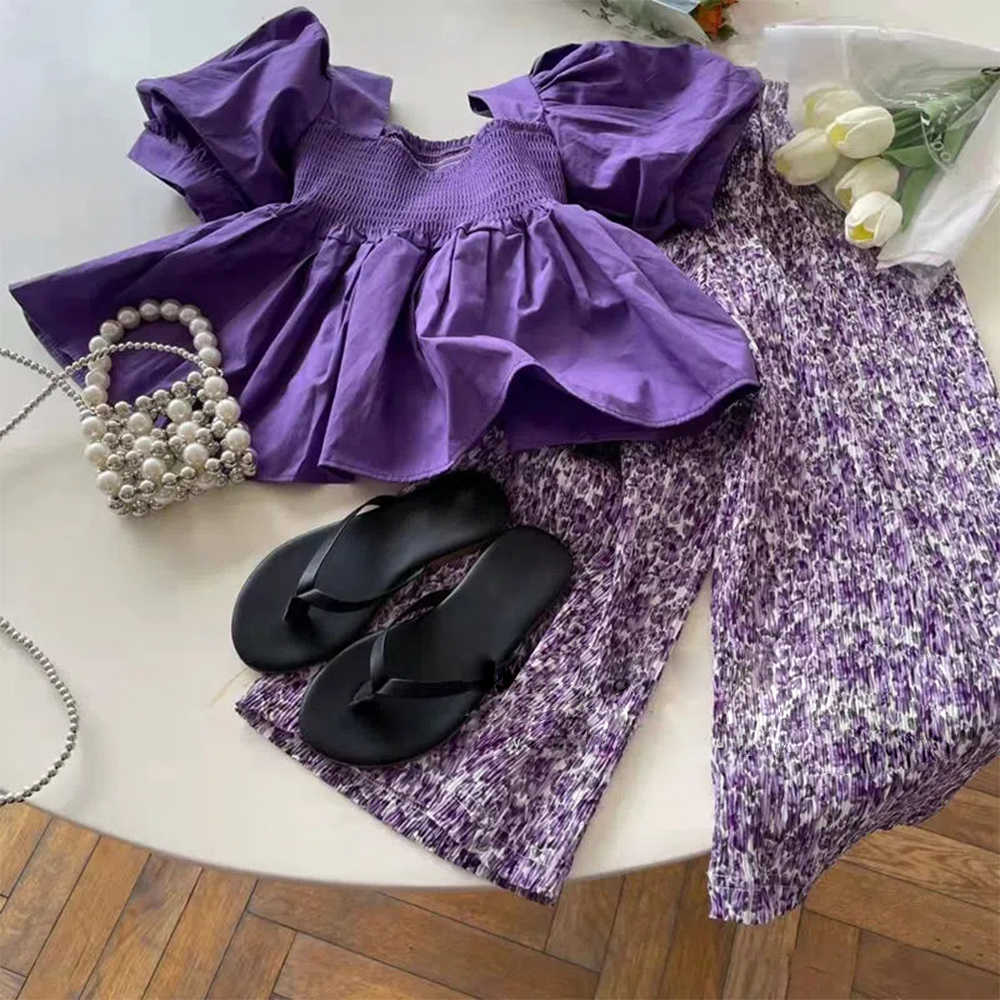 

Clothing Summer Flower Girls Sets Purple Short Sleeve Tshirt Floral Pants Piece Set Fashion Kids Clothes Suit Casual Outfits