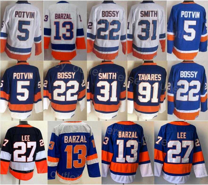Men Ice Hockey 13 Mathew Barzal Jersey 27 Anders Lee 22 Mike Bossy 31 Billy Smith 91 John Tavares 5 Denis Potvin Navy Blue White Team Color All Stit