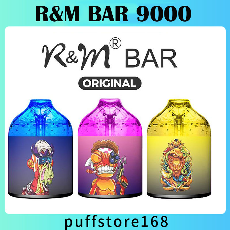 

Original R&M Bar 9000Puffs Disposable E cigarette Vape Pen 15ml Prefilled 7Colors LED Light 2% 5% Cartridge Pod Device Mesh coil Rechargeable Airflow Control vapes