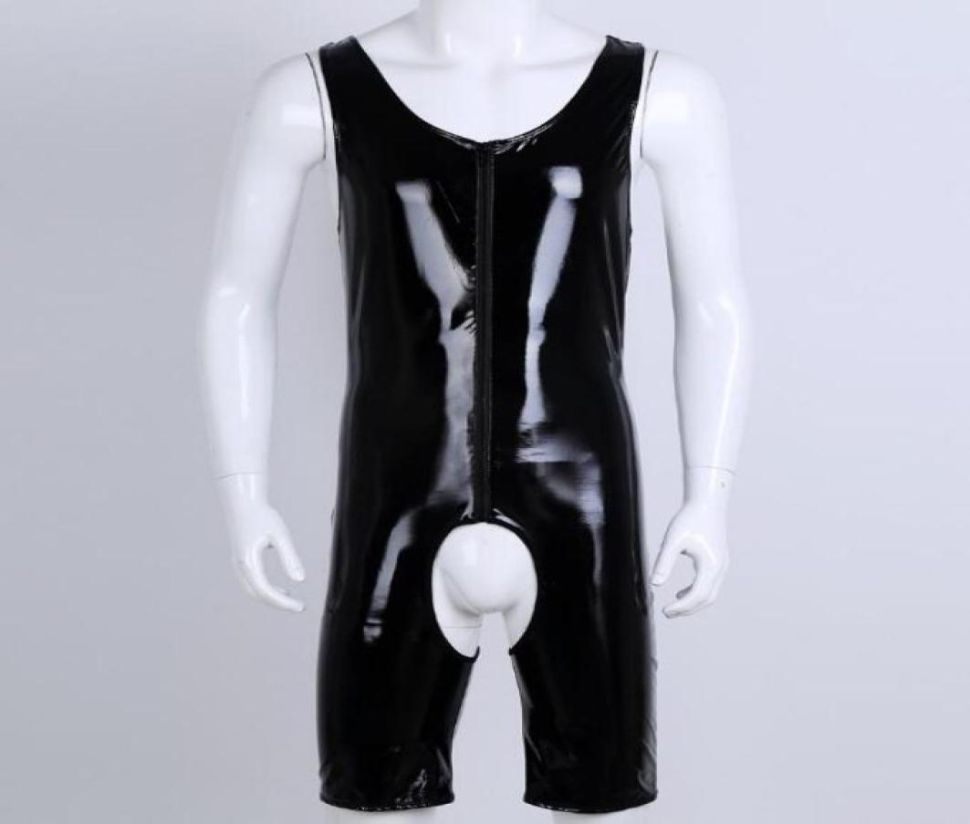 

Black Catsuit Costumes Mens Wetlook pvc faux Leather Onepiece Sleeveless Front Zipper Crotchless Singlet Boxer Briefs Leotard Bod2882881, White