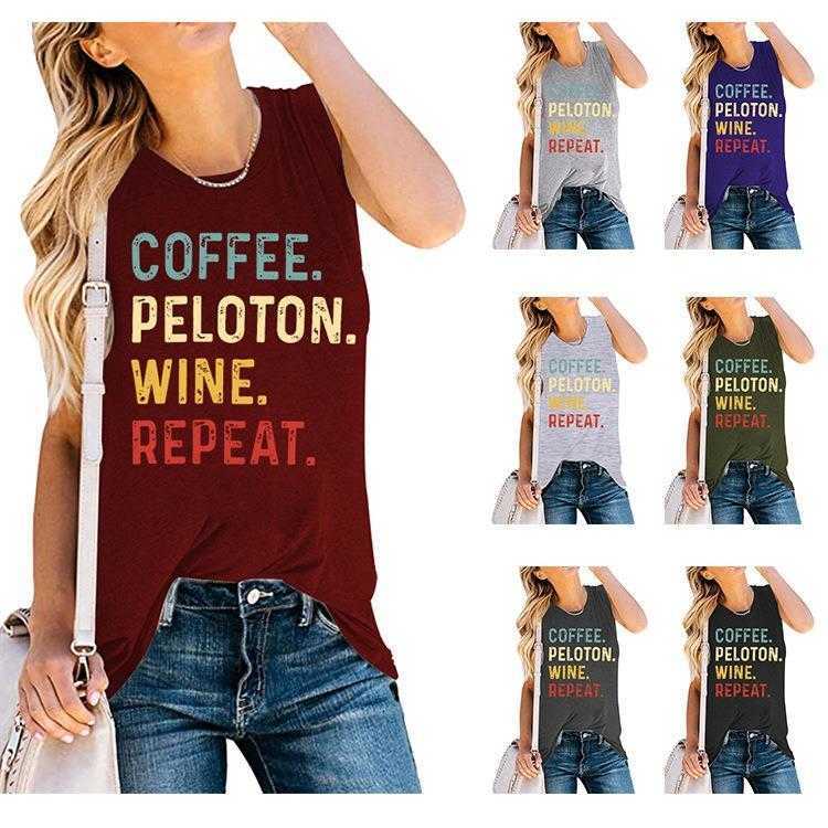 

Casual Loose Coffee Dresses Peloton Wine Repeat Letter Print Sleeveless Vest, Color4