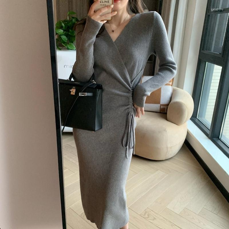 Robes décontractées une pièce rose robe tricotée automne hiver Style col en v cordon à la mode vêtements pull pour les femmes 2023
