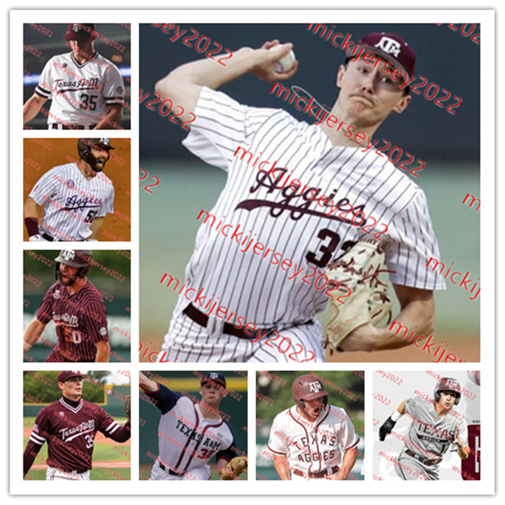 

College Baseball Wears Texas A M Aggies Baseball Jersey Custom Stitched Mens Youth Jack Moss Brett Minnich Kole Kaler Austin Bost Dylan Rock Ryan Targac Chris, White pullover texas a&m