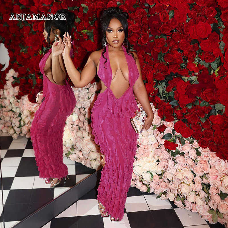 

Casual Dresses ANJAMANOR Ruffled Mesh Deep V Halter Backless Long Maxi Dress Sexy Party Night Clubwear Pink Birthday Dressed for Women D66-BH19 T230210, Blue