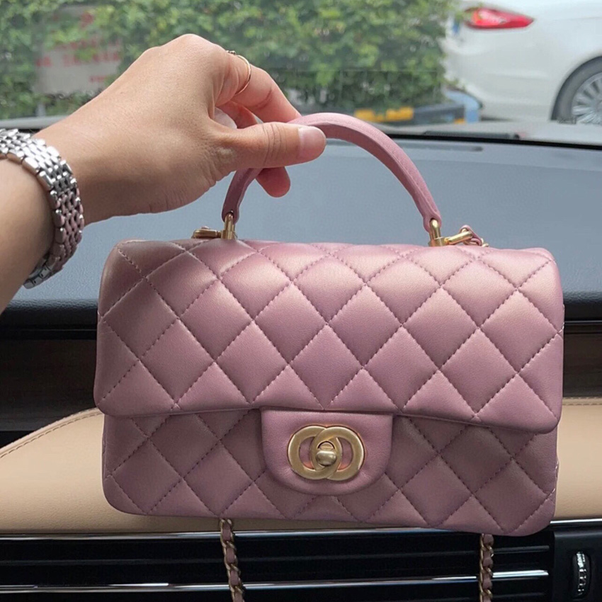 

Designer Bags 2023 CC Handle Mini Classic Flap Bag Crossbody Bag Luxury Fashion Women Leather Handbag Wallet Diamond Lattice 20cm Handle package Pink, #6 golden logo 20cm