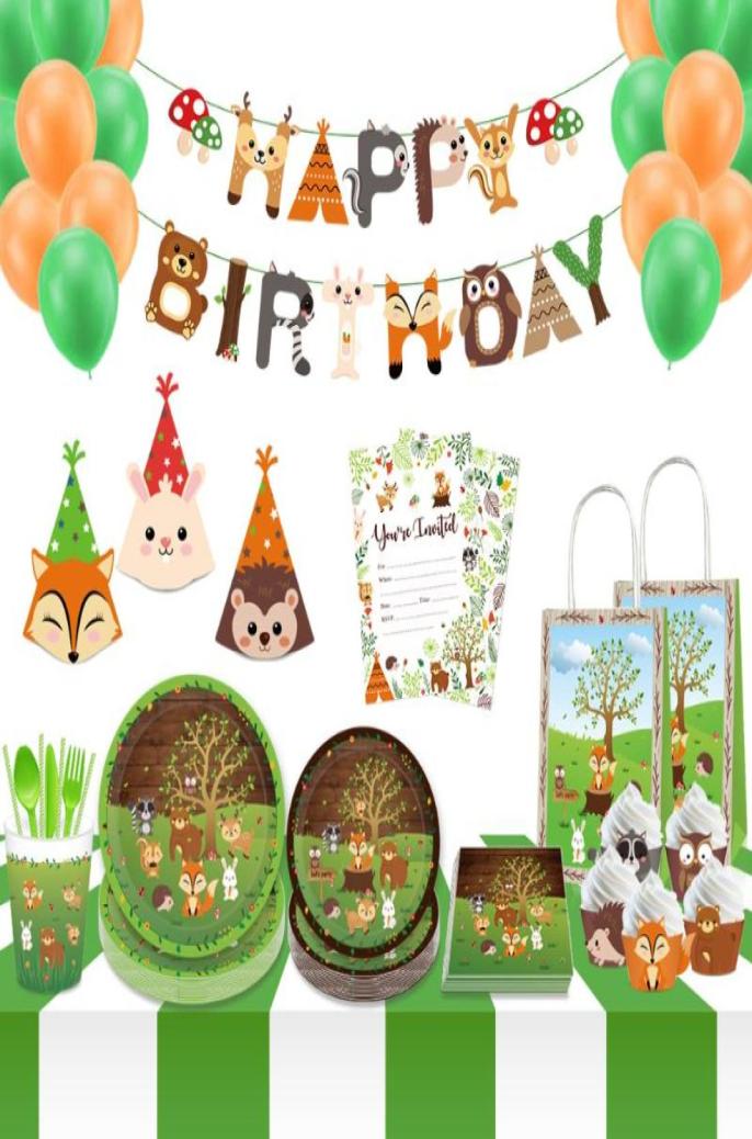 

Disposable Dinnerware Baby Shower Safari Woodland Party Decorations Sets Jungle Carton Animals Tableware Hats Cake Wrapper Tote Bg3464528