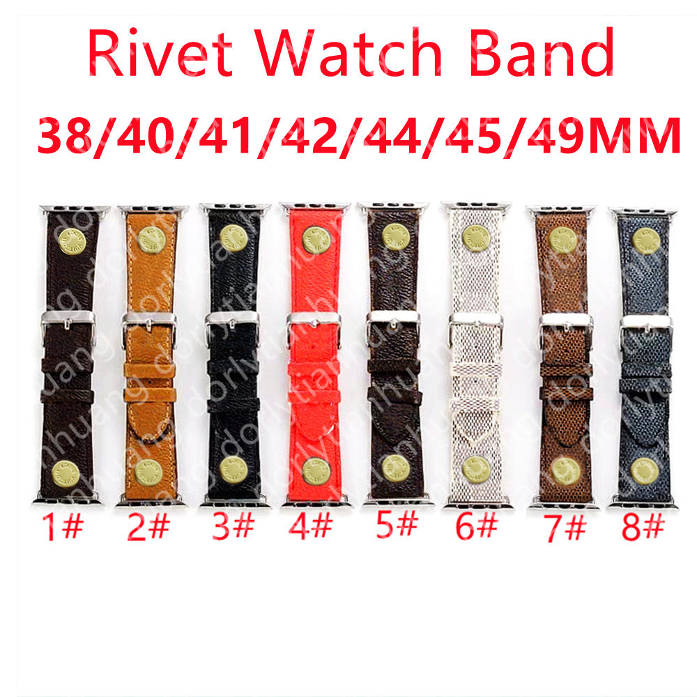 

Fashion Designer Watch Bands 38 40 49 42 44 45 mm Links Straps for Smart Watches Series 2 3 4 5 6 8 PU Leather Gold Rivet Flower Pattern Bands Deluxe Wristband Watchbands