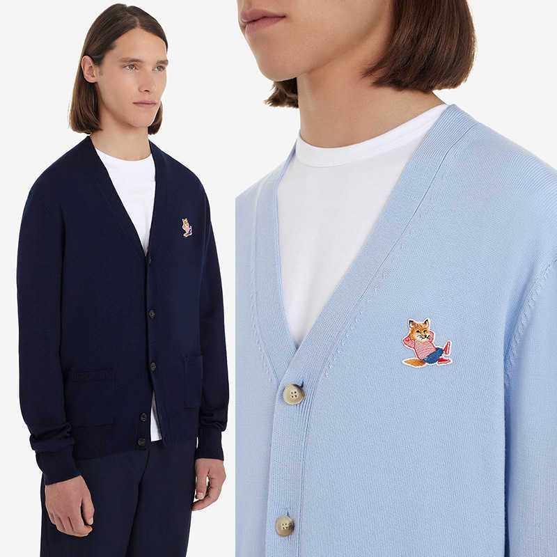 

Maison Kitsune Embroidery Wool Cardigan V-neck Knitwear Sweater Coat Women Fashion Warm Wear, Sky blue round neck cardigan