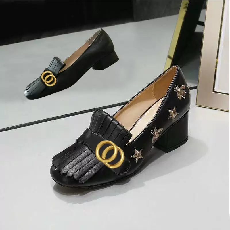 

Boat Shoe High Heels Women Dress Shoes Classic Mid Heeled Designer Leather Thick Heel Round Head Metal Button Cowhide Tassels Designer shoes Large size 35-42 with box, Gold [5cm]