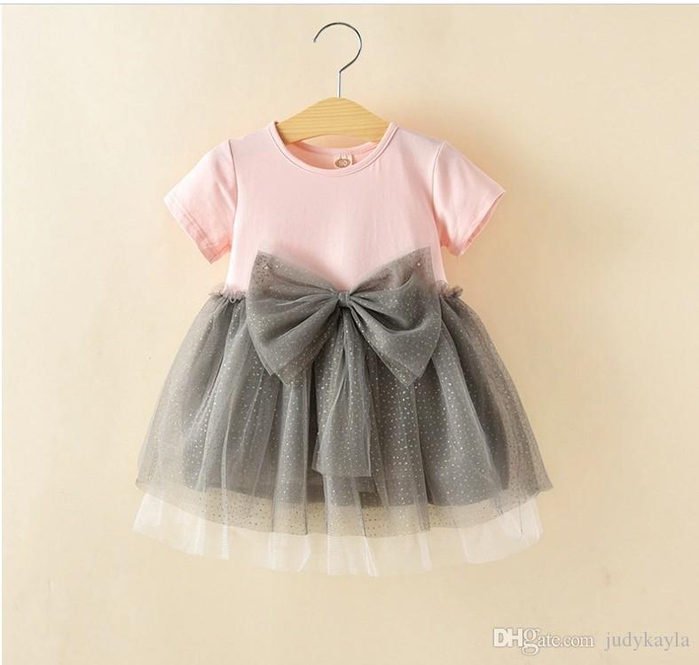 

Tutu dresses for girls 2017 summer new big bowknot toddler baby princess dresses short sleeve round collar children one-piece dress ab1942, Pink