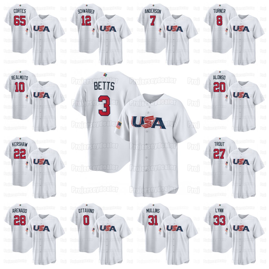 

3 Mookie Betts Team USA 2023 World Baseball ClassicJersey WBC Pete Alonso 8 Trea Turner Mike Trout J. T. Realmuto Clayton Kershaw Anderson Arenado Witt Jr. United States, 46 paul goldschmidt