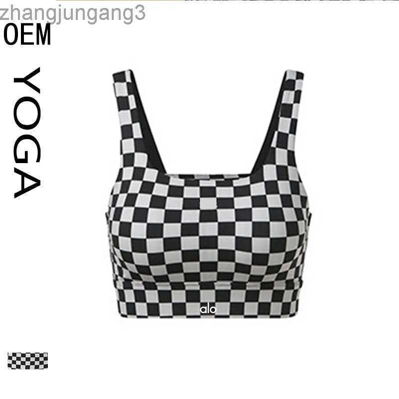 

Alos Yoga Underwear Women's Checkerboard Sports Vest Shock Absorption Gathered Running Yoga Back Bra, Black and white squares