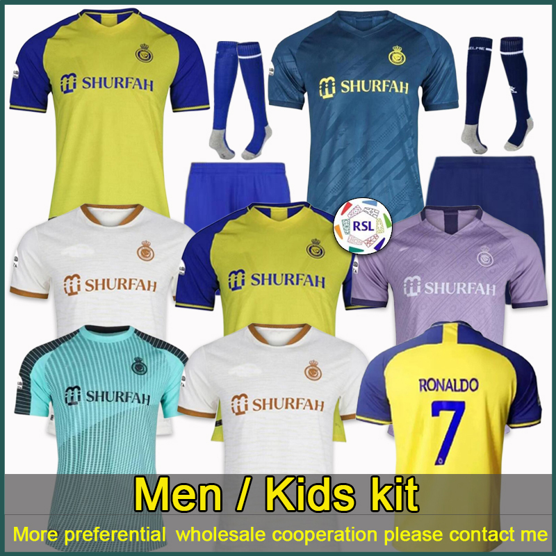 

Al Nassr FC soccer Jerseys Ronaldo 2022 2023 Home yellow away CR7 Gonzalo Talisca Ghislain Konan Vincent Aboubakar men Football shiirt Al-Nassr FC KIDS Kits, Away + patch