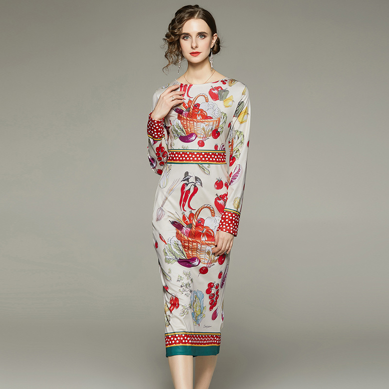 

2023 Women Fashion Print Bag Hip Dress Long Sleeve Candlelight Dinner Woman Designer Dresses Elegant Spring Autumn Sexy Slim Bodycon O-Neck Ladies Party Frocks, White