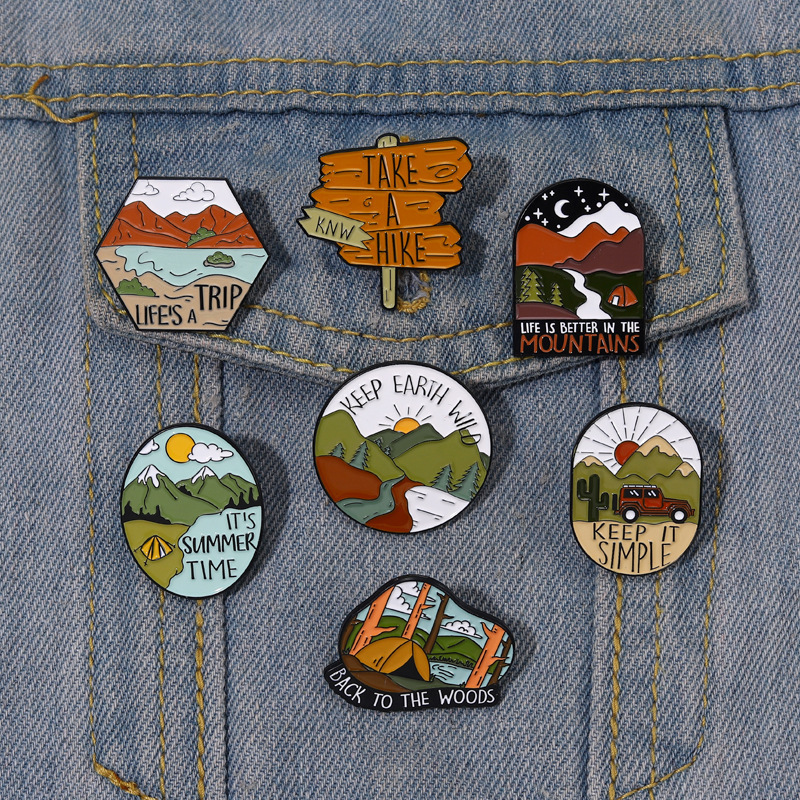 

Letter Landscape Pattern Brooch For Bag Clothing Cowboy Shirt Mountain River Camping Review Metal Enamel Ornament Badge