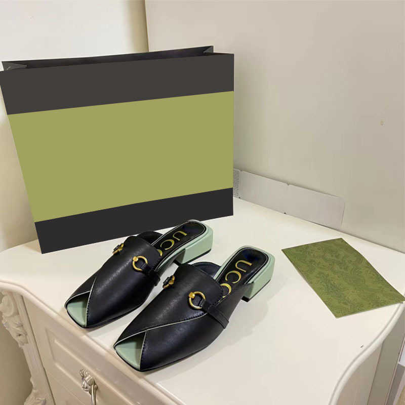 

Slippers G horse buckle summer new square head fish mouth women's middle heel real leather sandals T2302112, Red5