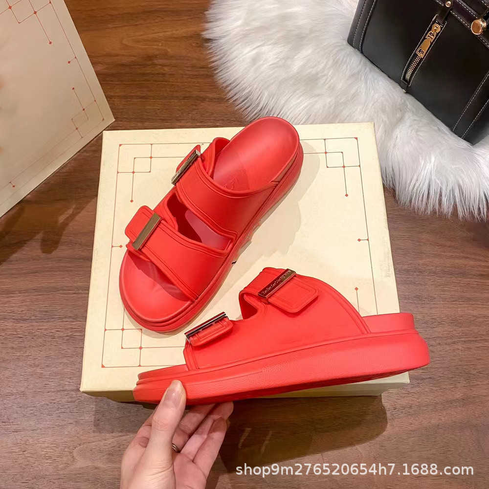 

Slippers thick summer new metal double-breasted muffin sandals candy color flat bottom women's shoes T2302111, Apricot