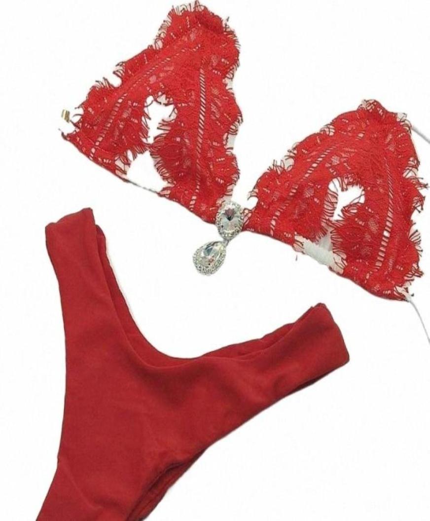 

vacation Bikini Set Women Sexy Swimsuit Pink Lace Biquini Bandage Push Up SwimWear Diamond Bling Stones Bathing Suit Women039s7150180, White