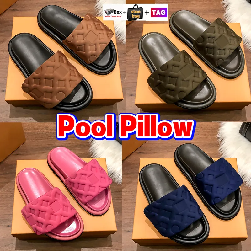 

With Box Pool Pillow Slippers women Flat Slipper Designer Sandals mens beach slides Comfort Embossed Mules Slide With Box Womens shoes louiseity viutonity Su EZ, 05-triple black