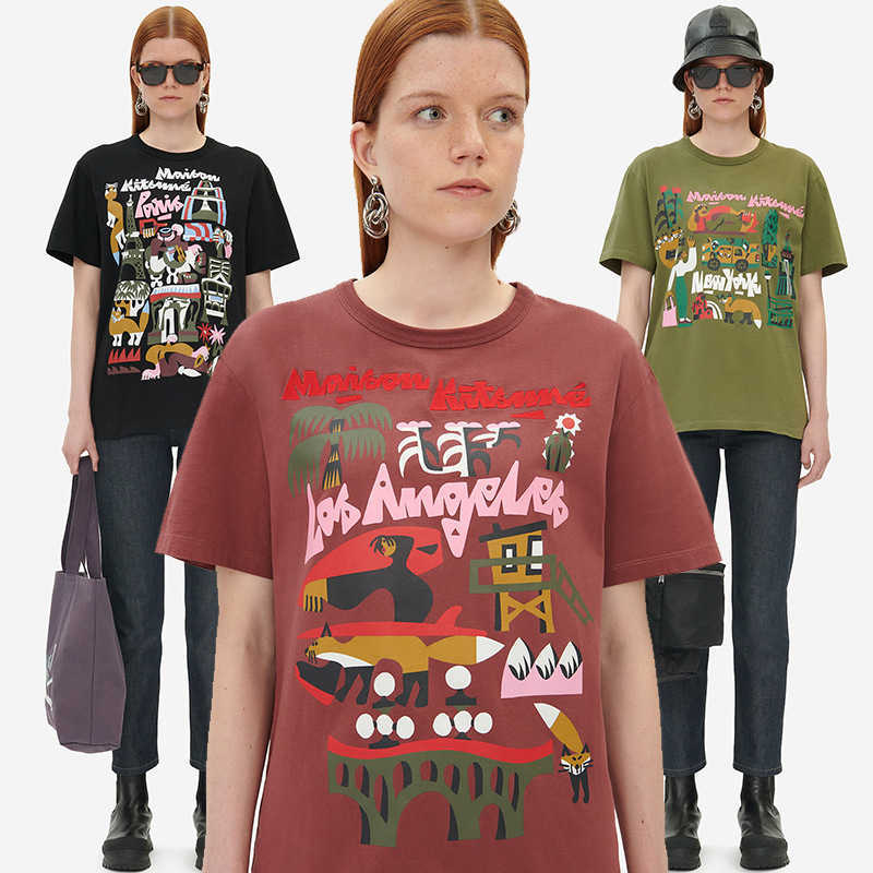 

23ss Maison Kitsune Women Designer T shirt Animal Graffiti Printed Letters Embroidered T-shirt, Green
