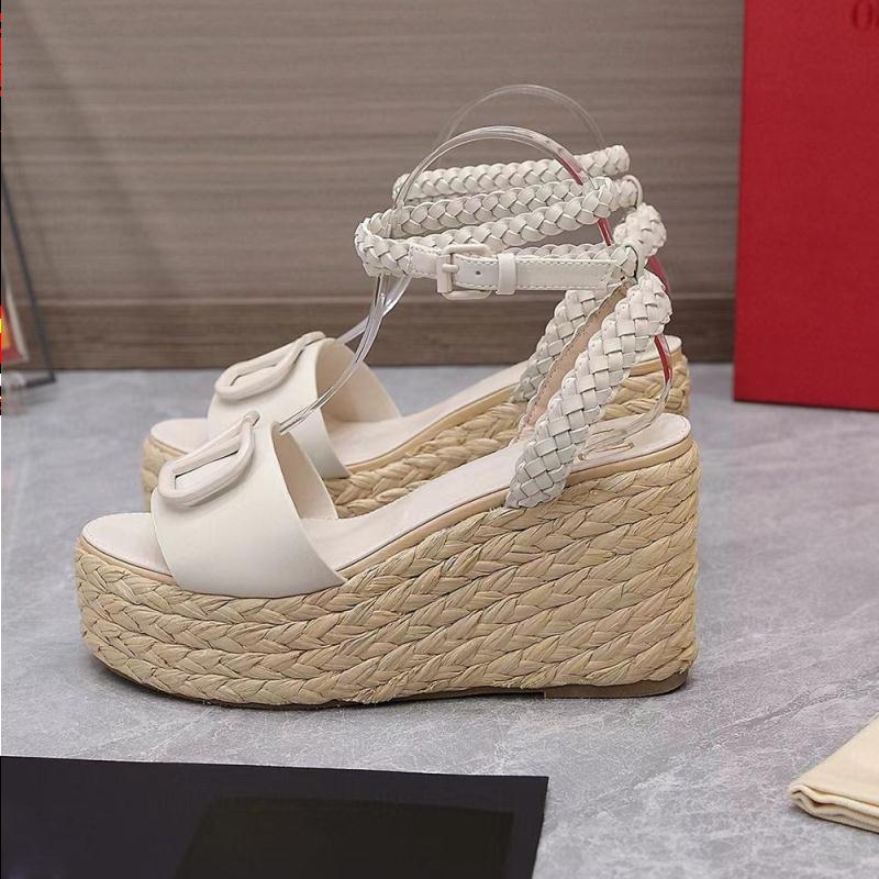 

Sandals high quality platform Sandals Straw woven wedge ankle strap chunky heels block Heel 110mm Open toe toe dress shoe Women Luxury Seam, Black