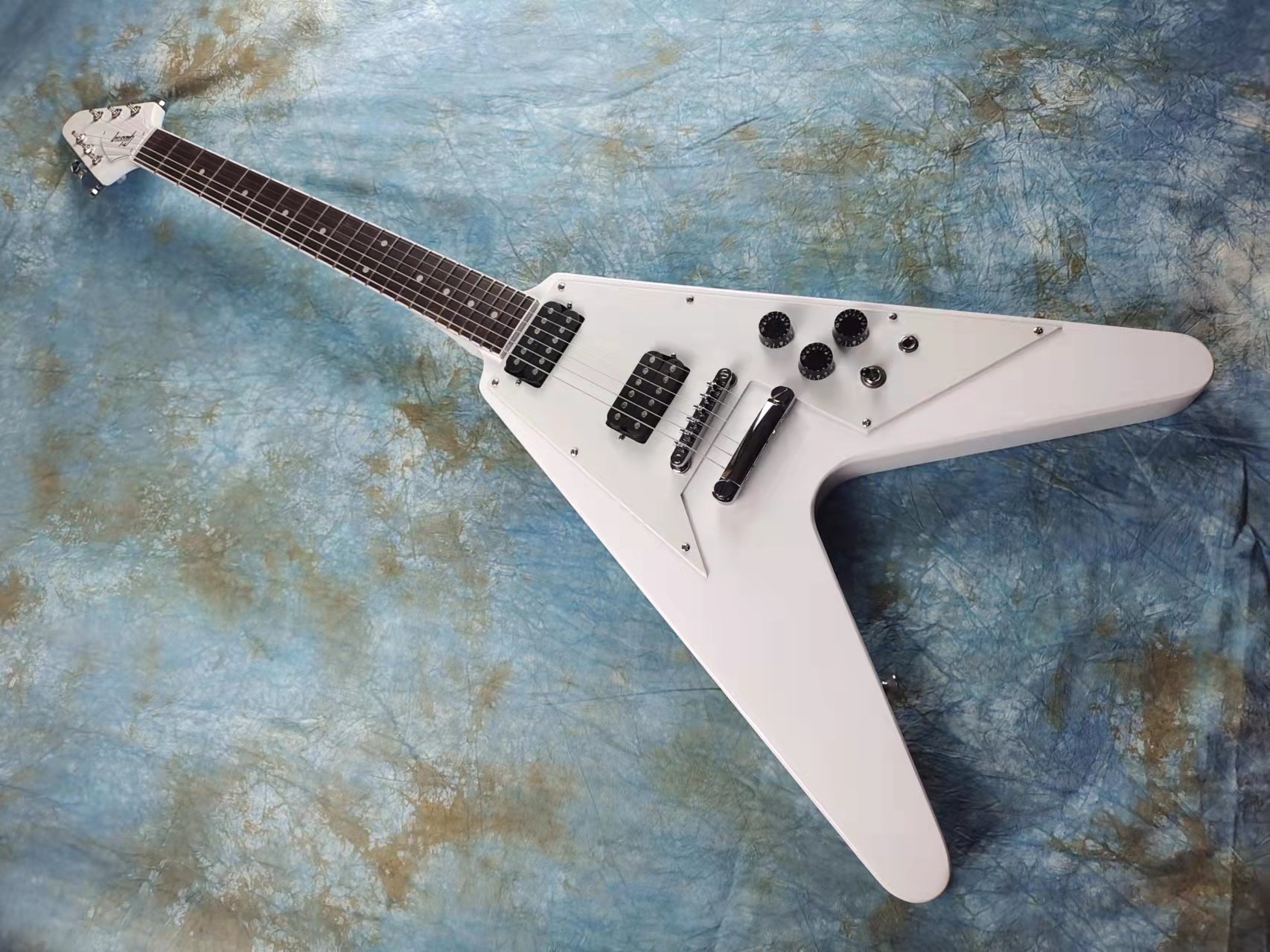 

Electric guitar white flying V silver accessories mahogany in stock fast package