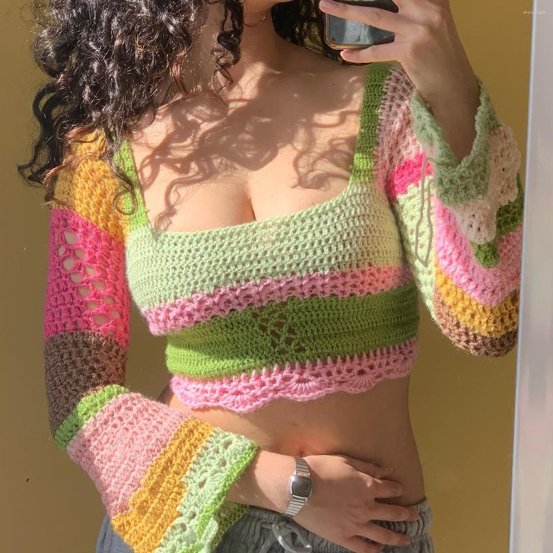 

Women' T Shirts Women Hollow Out Crochet Knit Crop Top Y2k Color Block Pullover Jumper Tops Long Sleeve Loose Tee 90S E Girl Streetwear, B1
