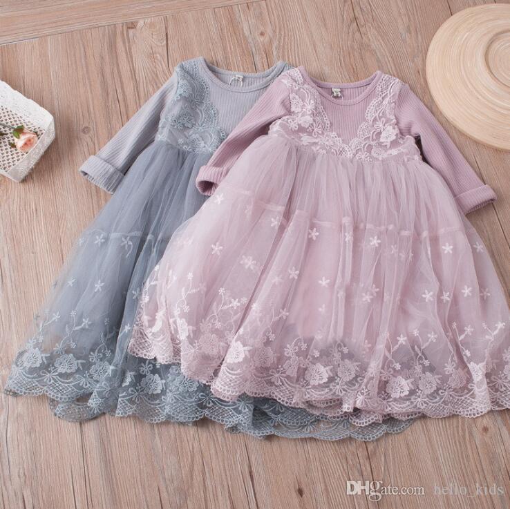 

baby girl kids party dress autumn new baby girl dress lace embroidery splice gauze long sleeve dress, Pink